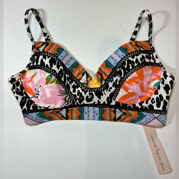 🆕 NWT Nanette Lepore Bikini Top Swimsuit Leopard Cheetah Animal Print Floral M - Picture 4 of 14